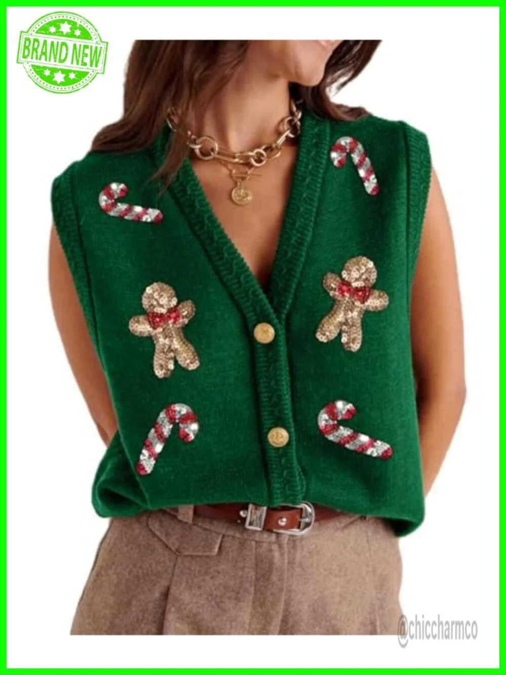 Sequin Embroidered Christmas Knit Vest Button Down V-Neck Sleeveless Cardigan